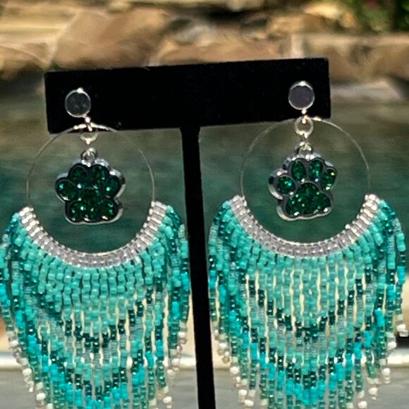 Handmade Beaded Long Fringe Paw Love Dangle Drop Lightweight Post Hoop Earrings - Picture 7 of 10